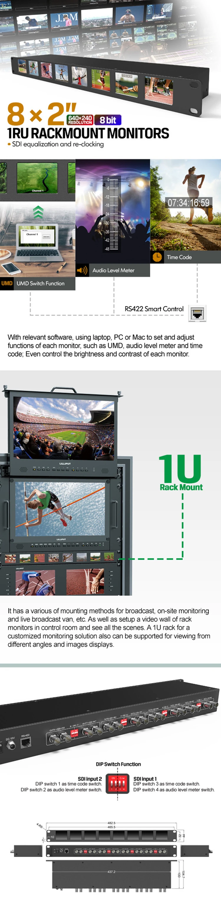 Lilliput RM-0208S 1RU Rackmount 8x2 дюймов 3g/HD/SDI вещательный монитор для ТВ вещания грузовиков