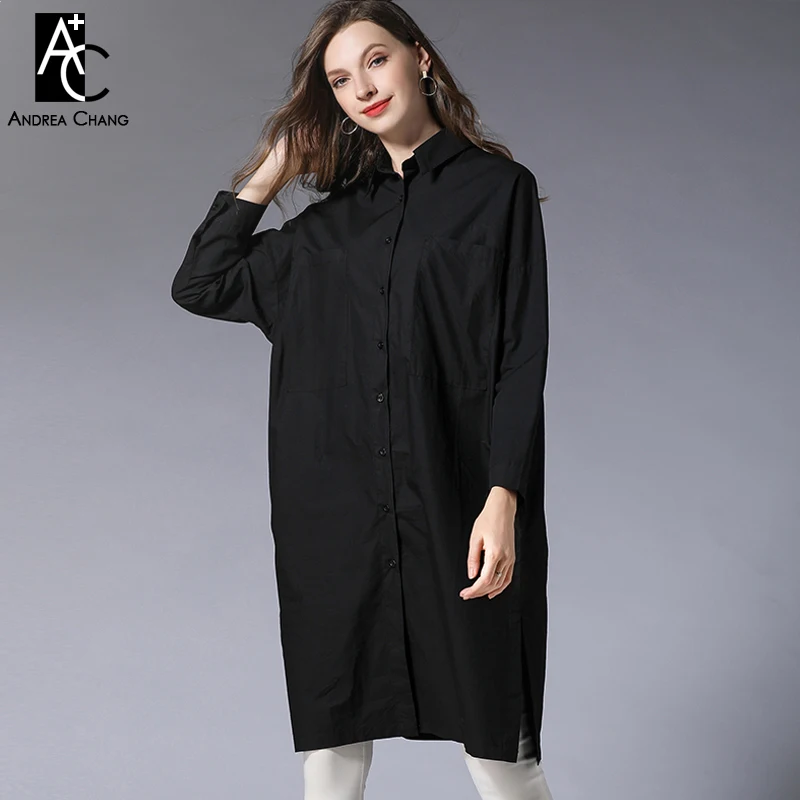 summer spring woman dress shirt black white knee length cotton fashion casual office straight plus size | Женская одежда