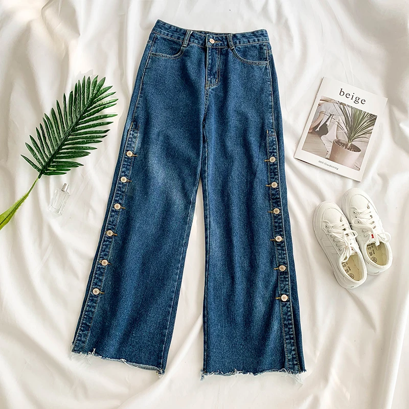 2019 новые модные женские брюки для похудения Высокая талия разделение широкие