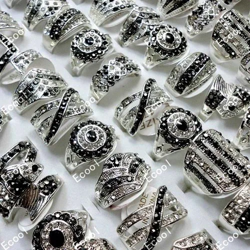 100Pcs Hot Sale Mixed Color Rhinestone Silver Plated Rings For Women Fashion Jewelry Bulks Lots BL173