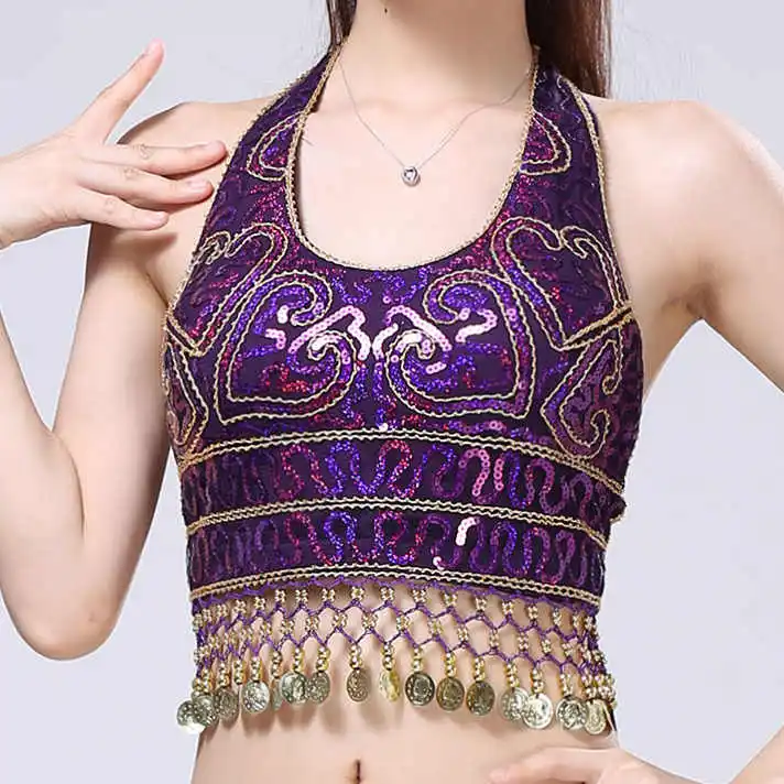 purple Новая женская одежда для танца живота, без рукавов, с бретельками, аксессуары для костюма, с пайетками, с бахромой, топ, бюстгальтер, свободный размер - Цвет: purple