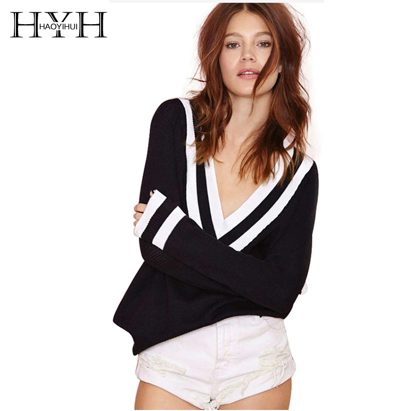 HAOYIHUI HYH 2017 Women Sweaters And Pullovers Long Sleeve Striped Sexy V-Neck Autumn Winter Casual Knitted Sweater | Женская одежда