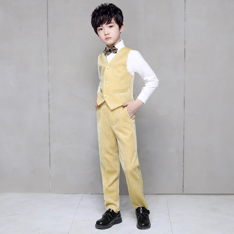 Flower Boy Wedding Dress Suit Sets Children Gold 3Pcs Catwalk Piano Costume Kids Blazer Vest Pants Shirts Clothes Sets