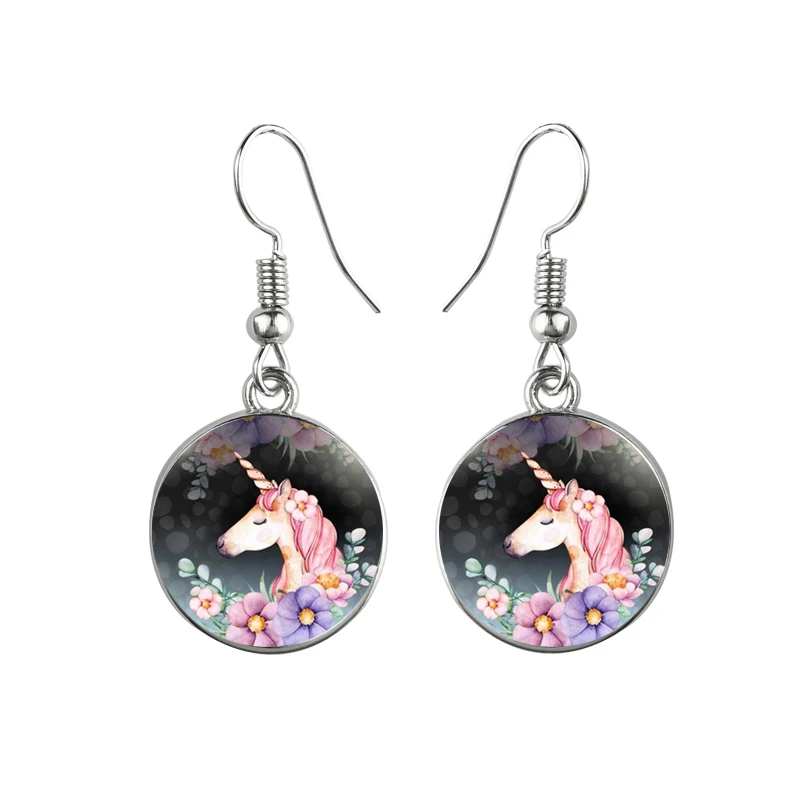 Каваи Единорог Искусство Изображение Стекло купол Висячие серьги милая лошадь