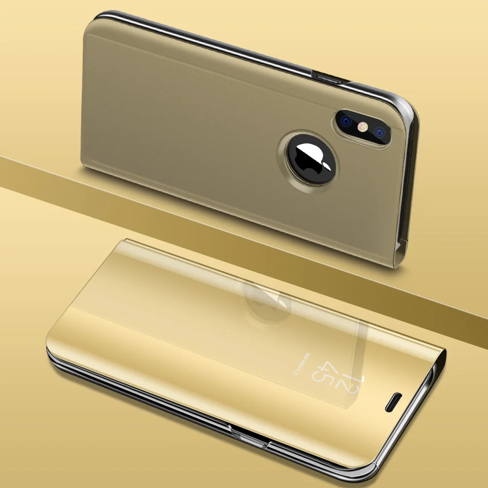 Gold Умный зеркальный чехол для iPhone XR XS MAX X, чехол с прозрачным окошком для просмотра, подставка, держатель, флип-чехол для iPhone 6, 6s, 7, 8 Plus, чехол - Цвет: Gold