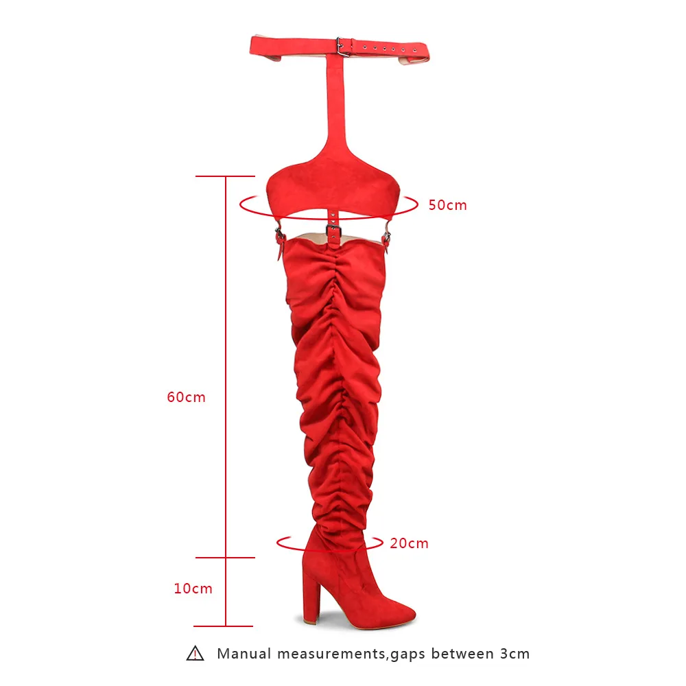 

2019 New Rihanna Flock High Boots Fashion Winter Over Knee Heeled Boots Strap Solid Pointed Toe Square Heel Zip Pant