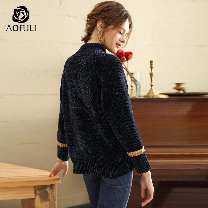 AOFULI Elegant Blue knitted sweater for women thick long sleeve pullover high neck collar warm knitwear L~ XXXL 4XL 5XL A3819 | Женская