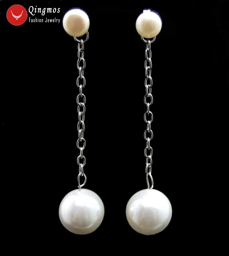 Qingmos Natural Pearl Earring for Women with Pink 7-8mm Flat Round &amp Dangle 12mm Sea Shell Earrings Jewelry Ear563 | Украшения и