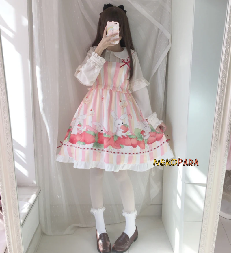 

Strawberry Rabbit Sweet Girl Lolita JSK Dress Women's Suspender Bow Pink Cute Dress One Piece