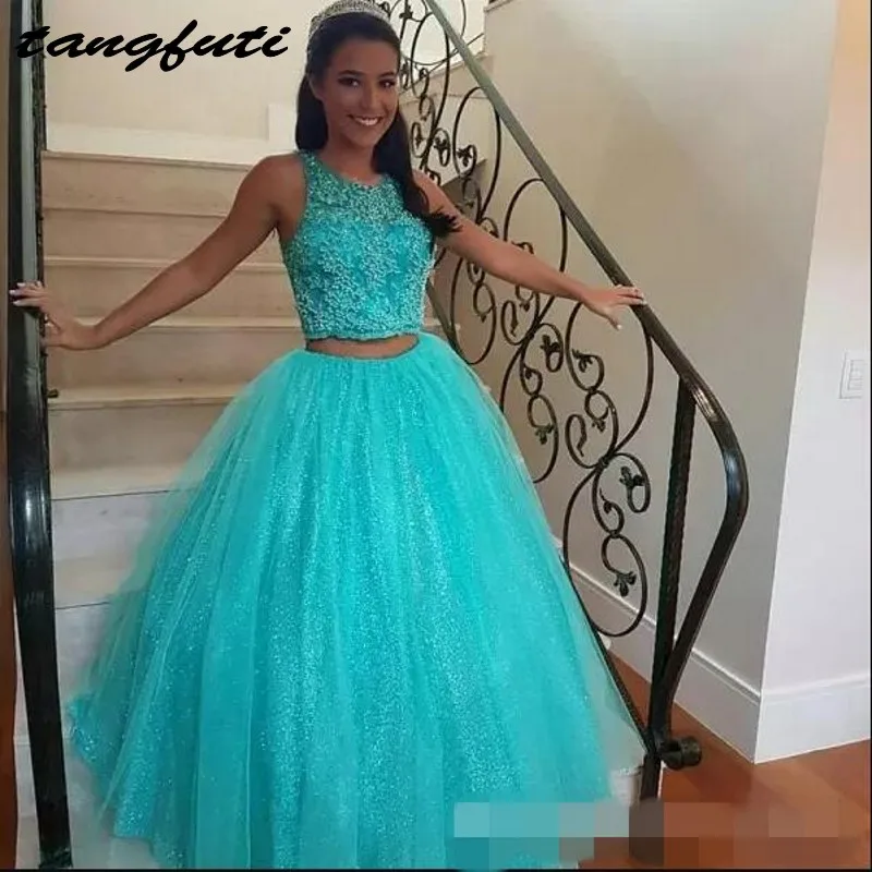 Бальное платье Пышное длинное кружевное Baeded Двойка платье 15 сладкий 16 Quinceanera Пром вечерние платье для 15 лет
