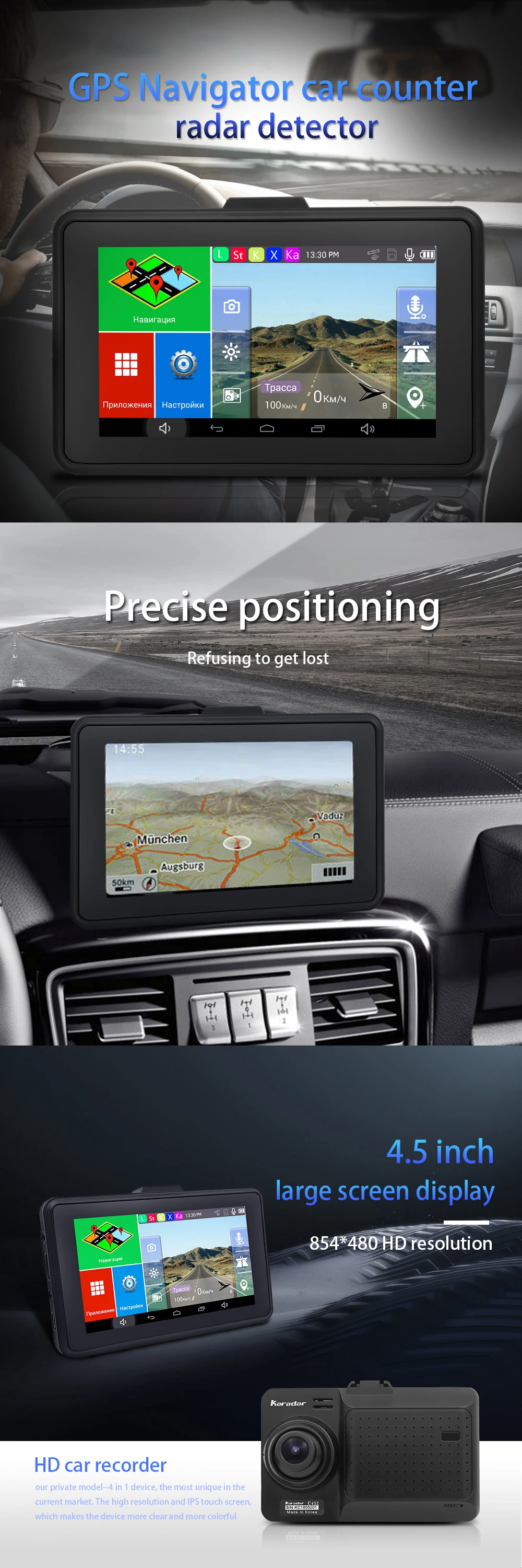 Karadar 4 в 1 Автомобильный gps Анти радар детектор навигация 1080P DVR видеорегистратор Android RAM512 8GFlash wifi FM BT Встроенная камера