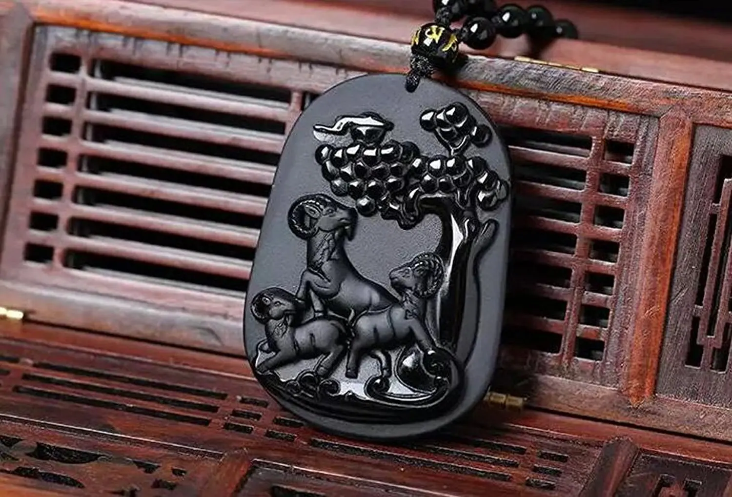 Koraba Fine Jewelry Hand Carved Natural Obsidian Eye Pendant Wishful Three Sheep Necklace Free Shipping | Украшения и аксессуары