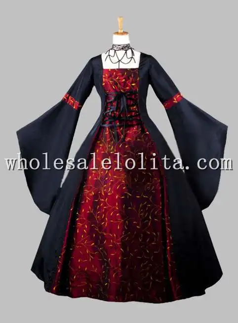 Gothic Black and Dark Red Print Kimono Sleeves Victorian Era Dress Historical Halloween Costume | Женская одежда