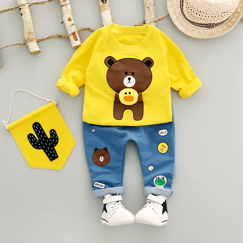 New Winter Baby Boys Long Sleeve Cute bear Fleece Hoodies Sweatshirt + Casual Trousers Kids Girls Two Pieces Suits Clothing Sets | Детская