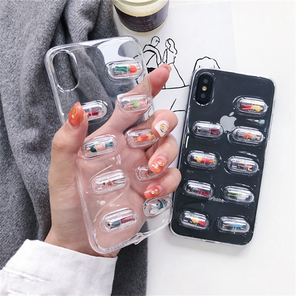 Lovely 3D Pill Capsule Transparent Phone Case for iphone 7 Cartoon Character Soft Back Cover For iPhone 6 6S 8 Plus X 10 |
