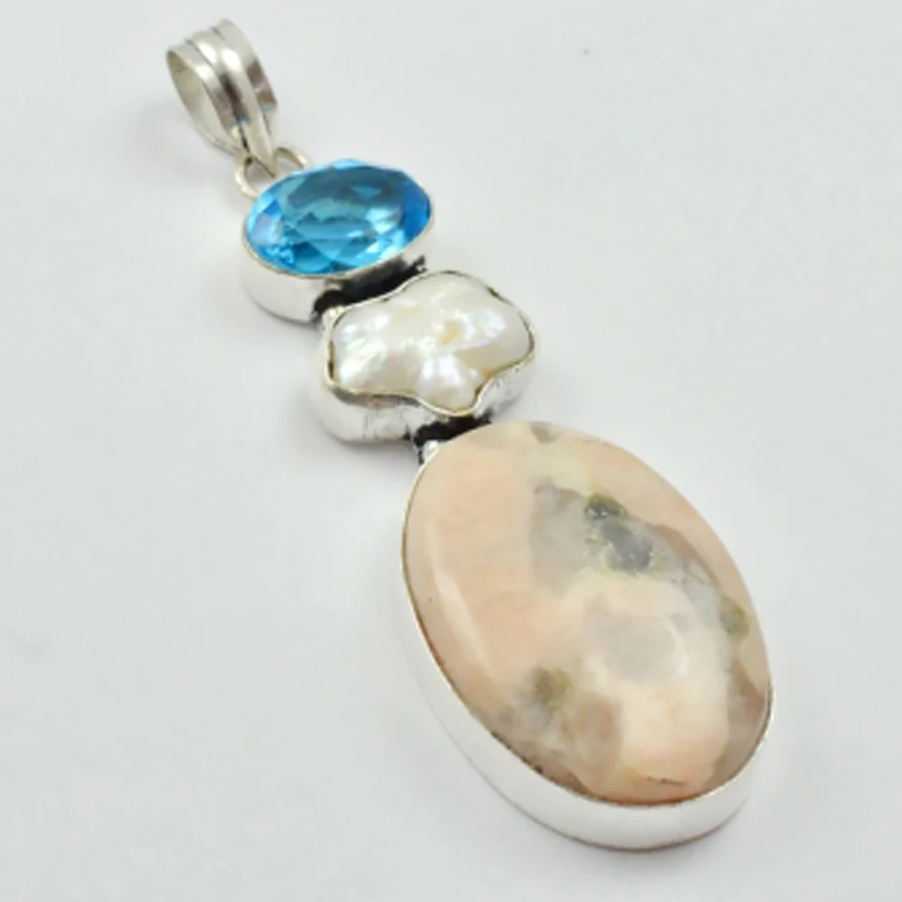 Rhodochrosite & Biwa подвеска с жемчугом серебряное покрытие над медью 75 мм P2882|Подвески| |