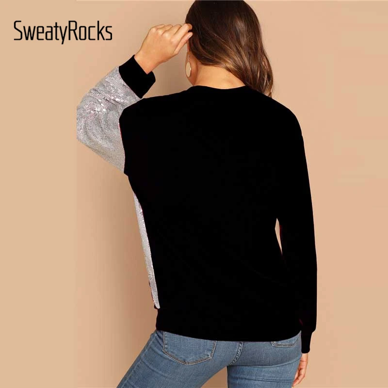 SweatyRocks, черный, контрастный, с блестками, Женская Повседневная Толстовка, с длинным рукавом, с круглым вырезом, пуловер, топы,, осенняя, для отдыха, стильная толстовка