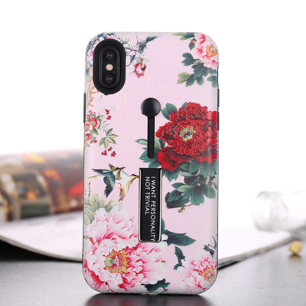 IMIDO Flower Painted Phone Case For iPhone 7 Plus Hide Ring Stand Holder Back Cover X XR XS MAX 8 6 6S Coque |