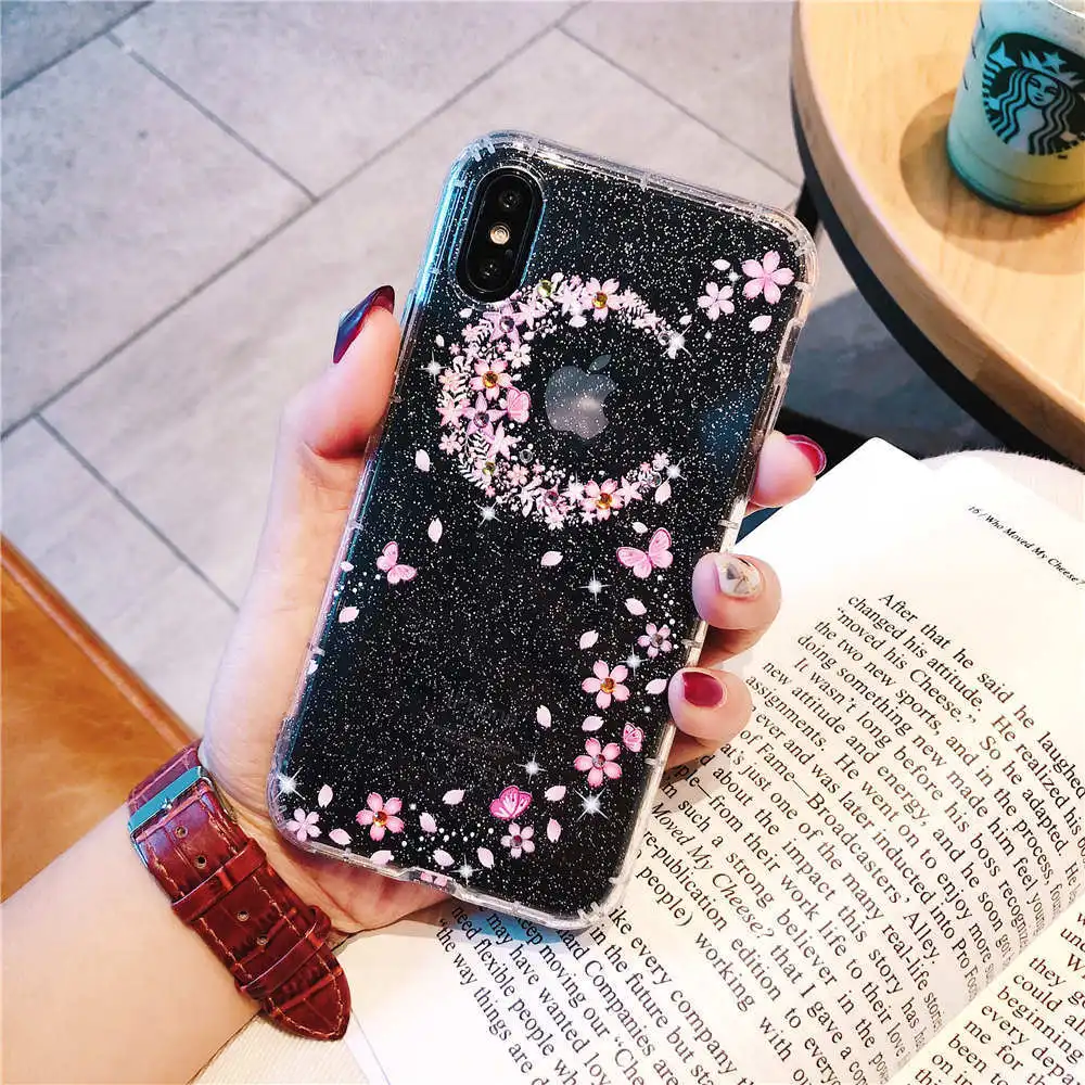Rose Flower Phone Case For iPhone X XS MAX XR 6 6S 7 8 Plus Cases Silicone TPU Soft Moon Luxury Bling Cover Funda |