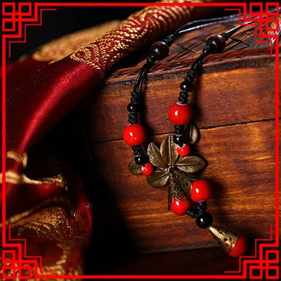 RED BEADS Китайское традиционное керамическое ожерелье с бабочкой и листьями желтого цвета, плетеные этнические керамические ювелирные изделия ручной работы, винтажные подвески, ожерелье - Окраска металла: RED BEADS