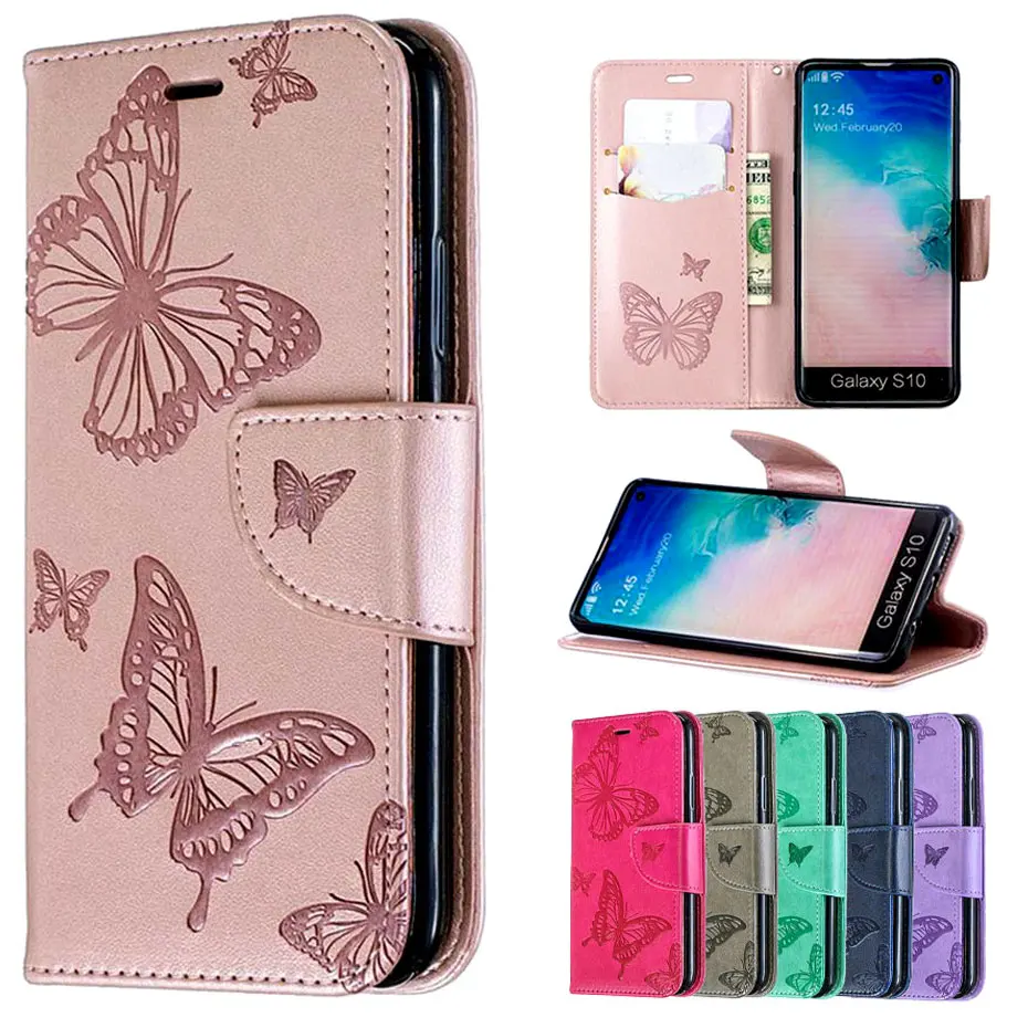 Кожаный чехол-книжка с 3D бабочкой для Samsung Galaxy S9 S10 J4 J6 A6 Plus S10E A10 A20 A30 A50 A70 A7 2018 M10 M20 M30