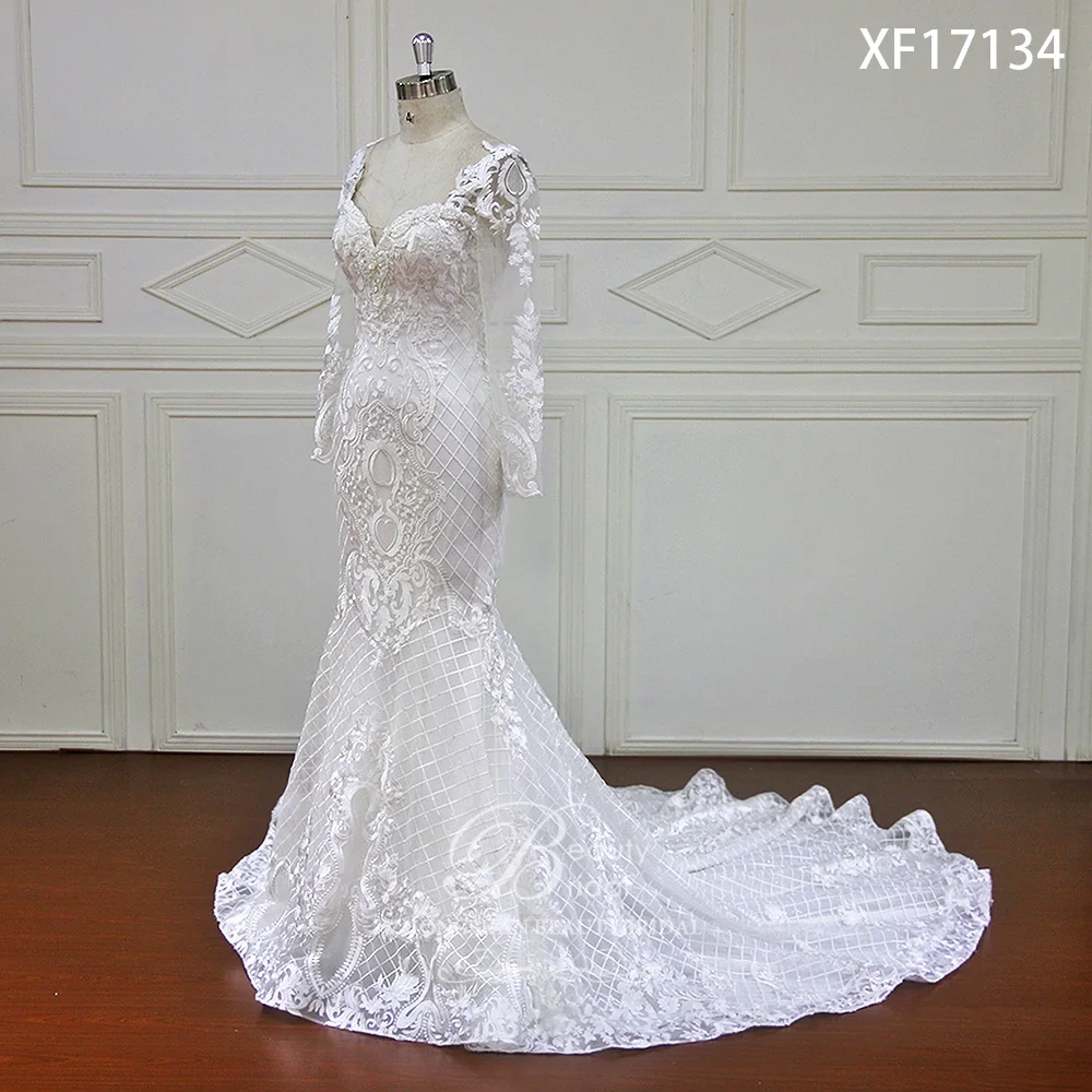 Elegant Mermaid Wedding Dresses 2018 Long Sleeve Lace Appliques Beads Court Train Bridal Gowns Vestido de Noiva XF17134