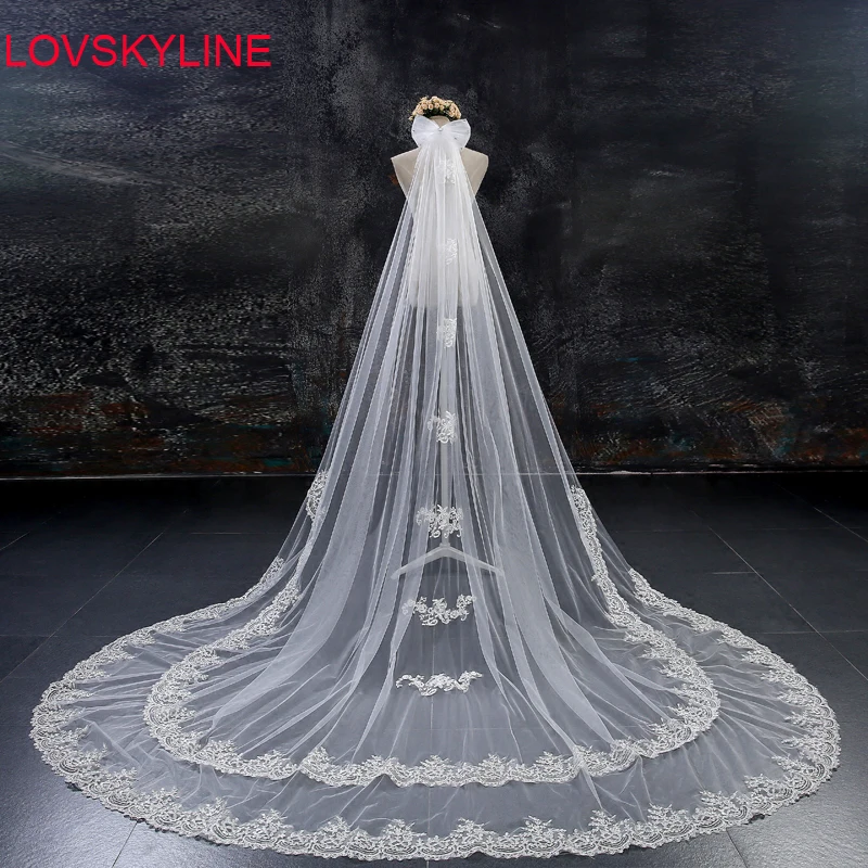 

Velos de novia 3 Meters Length 2T Ivory Bow Design Sequins Blings Sparkling Lace Edge Purfle Long Cathedral Wedding Veils