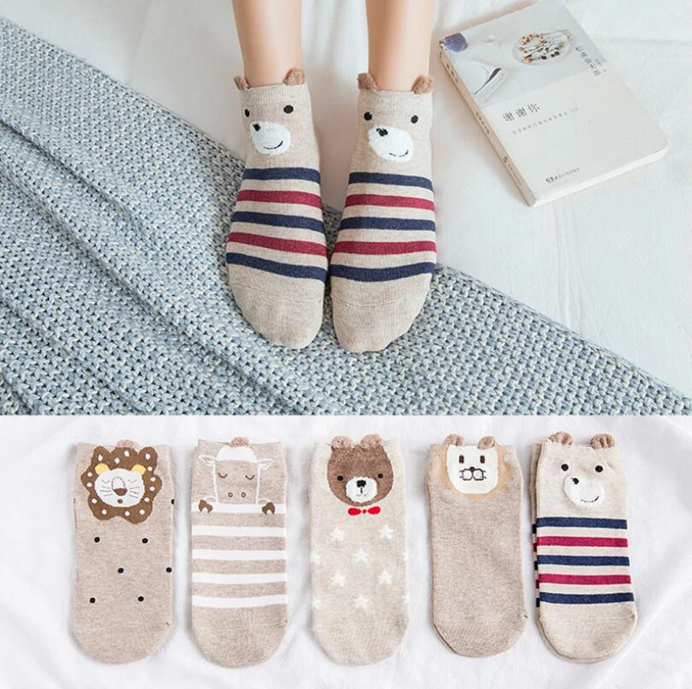 5pairs Women Cute Socks Harajuku Cartoon Cat Pattern Casual Cotton Happy Funny Female Ankle Socks Thin Summer Low Cut Style