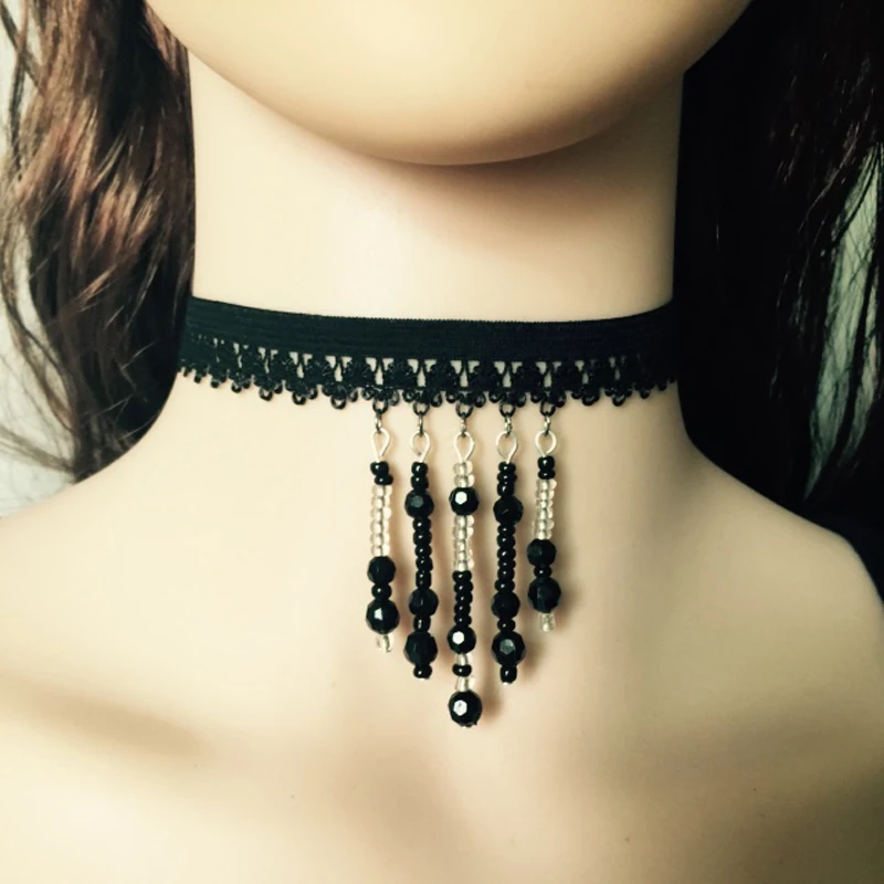 Black Lace Harness Necklace Tassel Pendant Collar Punk Wedding Jewelry Sexy Neck Belt Rave Wear B0682 | Женская одежда
