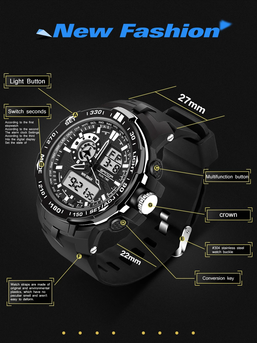 Часы наручные SANDA мужские спортивные брендовые Роскошные цифровые аналоговые