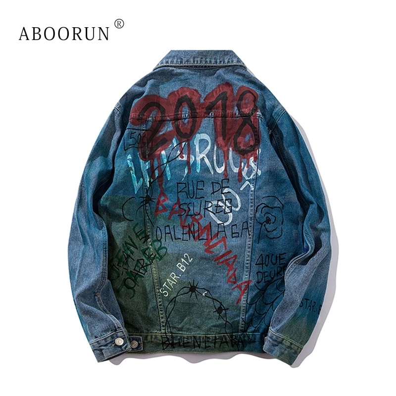 ABOORUN для мужчин в стиле хип хоп Модная Джинсовая куртка с принтом граффити на