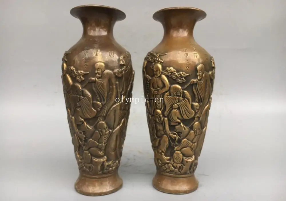 

10'' copper carved auspicious clouds buddhism monk eighteen arhats design vase