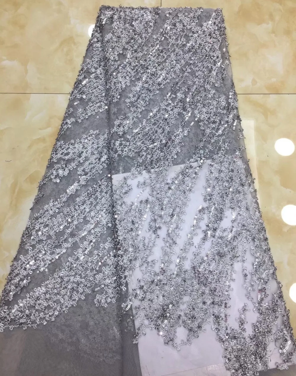 

New design african lace fabric silver glitter sequins French tulle lace fabric with sequins For Wedding dress ML6523