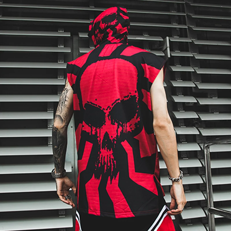 Мужская футболка без рукавов с капюшоном и принтом черепа уличная в стиле хип хоп