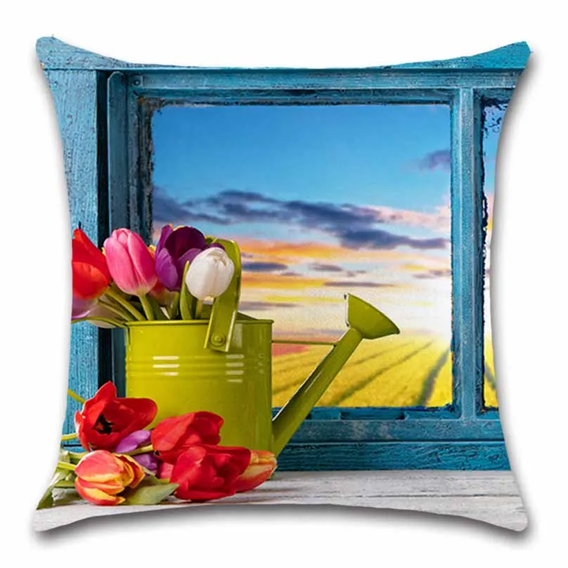 Окно пейзажа вид цветок розовый белый Наволочка декоративная домашняя комната