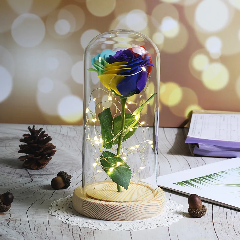 Neue schenheit Und Biest Rose In Glaskolben Rose Blume Licht деревянная основа Glas Dome Für Mutter Der Tag Valentines Weihnachten