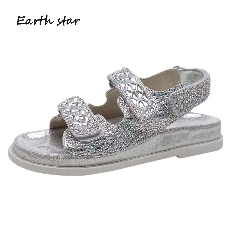 Sandalias mujer/ г.; обувь; женские босоножки на платформе со стразами; шикарные пляжные сандалии с кристаллами; обувь с открытым носком; chaussures femme; Цвет Серебристый