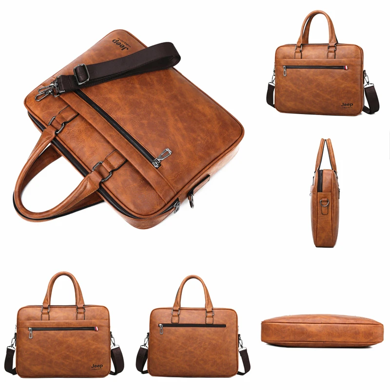 JEEP BULUO Famous Brand Men Briefcases High Quality 14'Laptop office Business Bag Leather Shoulder Messenger Bags Travel Handbag