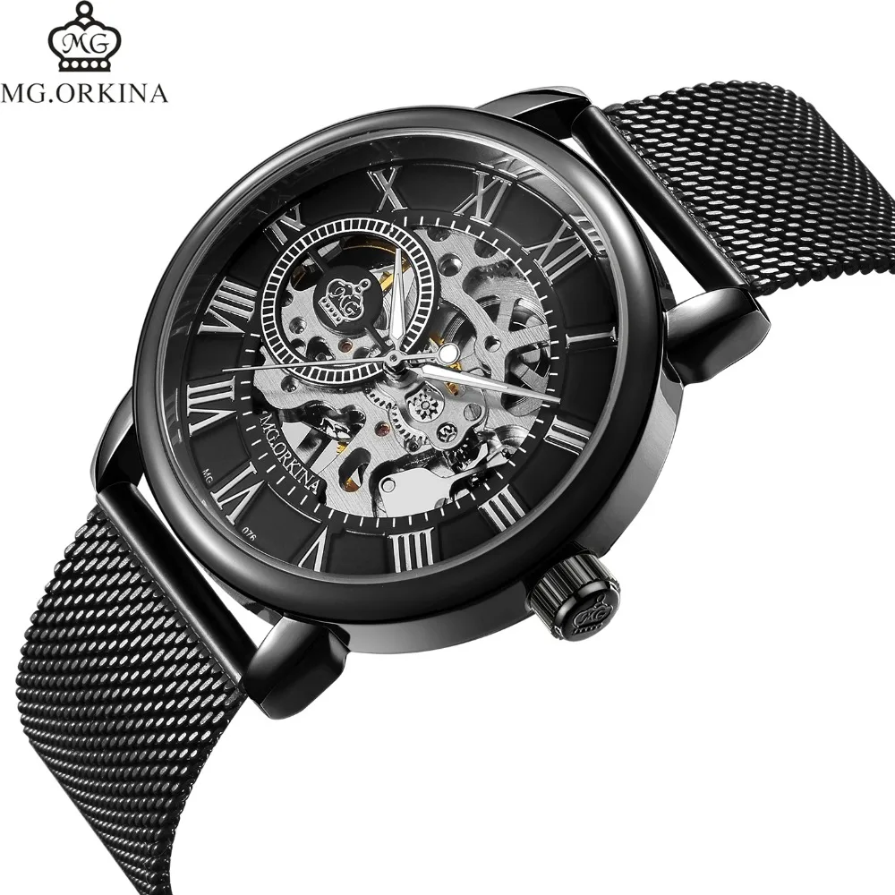 

MG.ORKINA Men's Watches Luxury Brand Wind Hand Mechanical Skeleton Mens Watches Stainless Steel Band Bracelet Mesh Bracelet