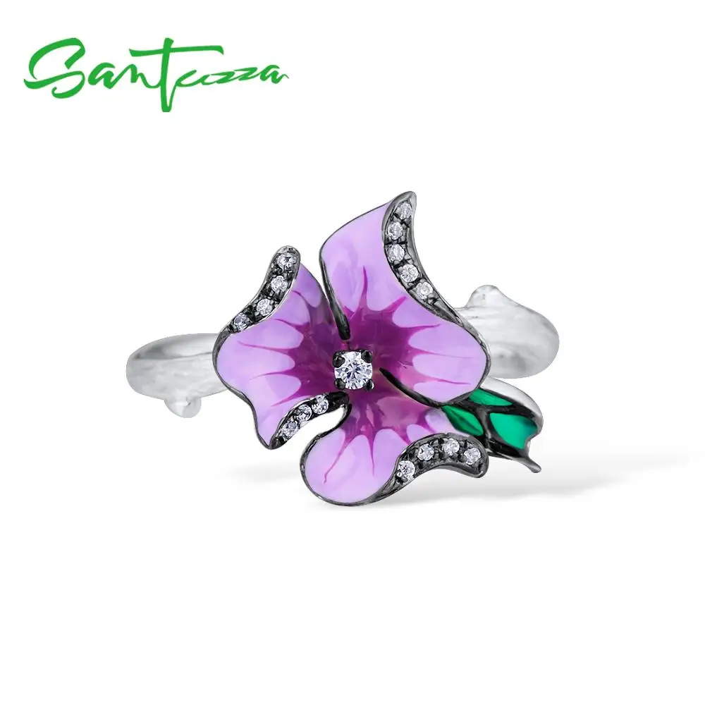 SANTUZZA серебряное кольцо для женщин, 925 пробы, серебро, элегантный фиолетовый цветок, свадебные аксессуары, модные ювелирные изделия ручной работы, эмаль