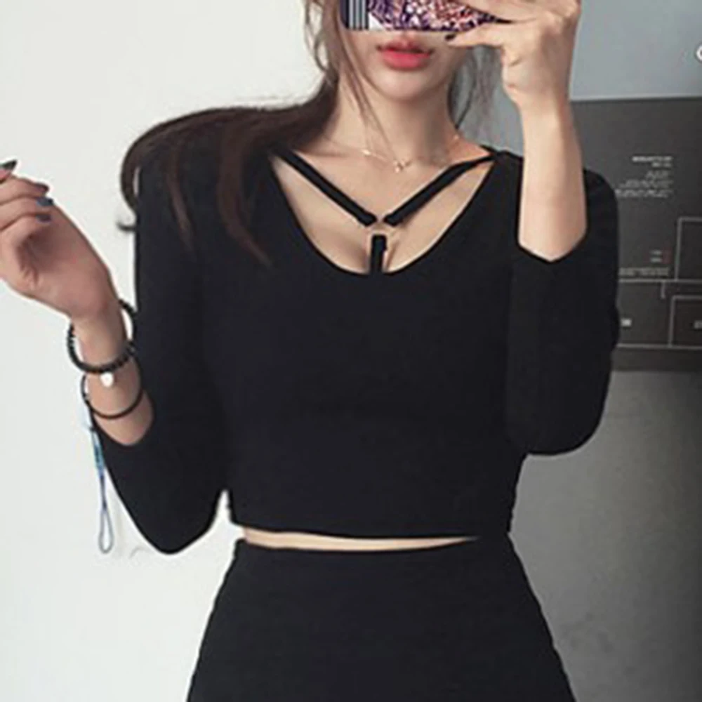 Горячая новинка Женская тонкая однотонная короткая футболка сексуальный