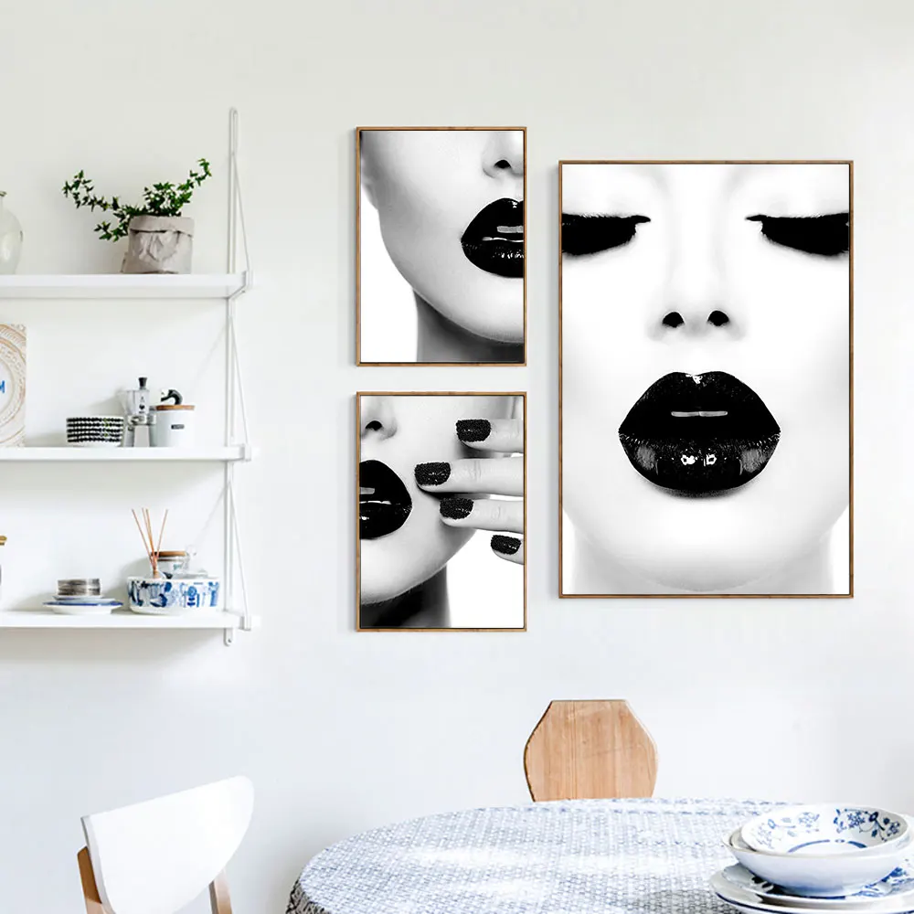 

Black Lips and Eyelash Wall Art Nordic Poster Black White Minimalist Canvas Print Painting Modern Home Decor Unframed