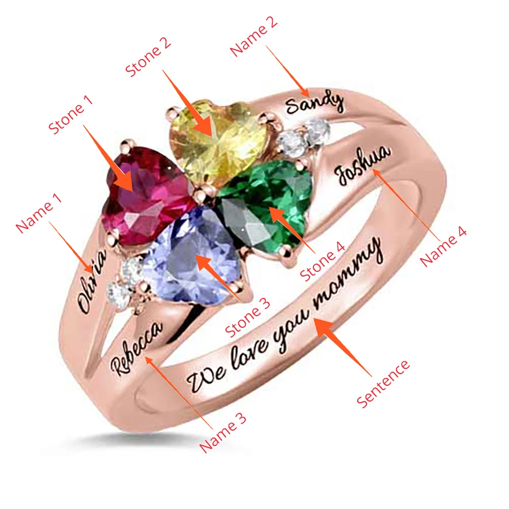 SG Personalized Engagement Rings with 4 Birthstone Heart Ring Engraved Name Promise Ring Love Gift Jewelry for Women Mother day'