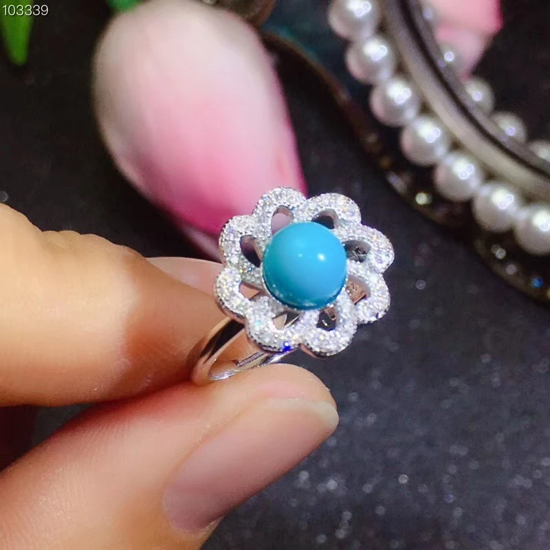 elegant blue turquoise ring and stud earrings jewelry set women ornament 925 Sterling silver fine jewelry round natural gem gift