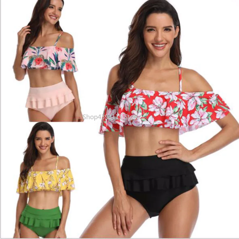 Сексуальный бикини 2019 Высокая талия Купальник с оборками Однотонный женский