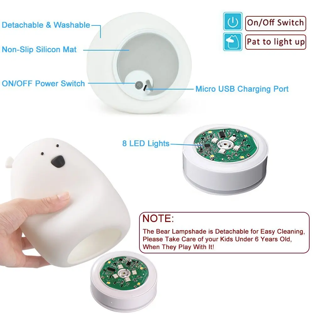 Цветной мультфильм Медведь силиконовый светодиодный ночник заряжаемый батарея
