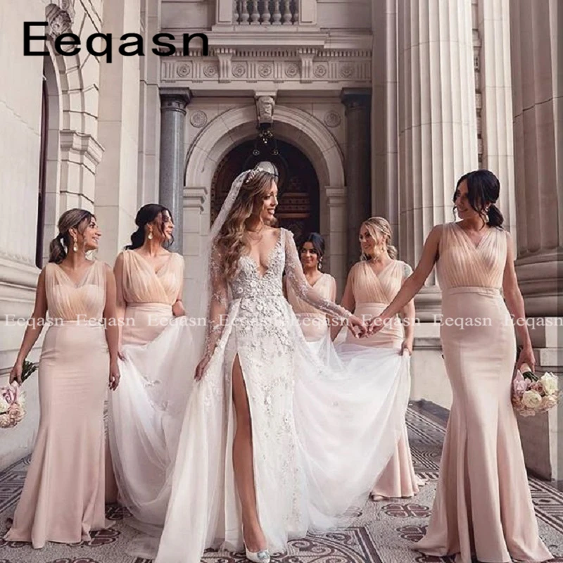 

Женское длинное платье подружки невесты, светло-розовое официальное платье с юбкой-годе, платье для свадебной вечеринки, платье для подружк...