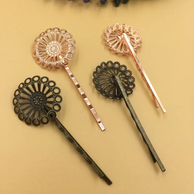 20mm Filigree Circle Flower Bobby Hairpins Bases Metal Blanks Findings Settings DIY Women's Bride Hair Clips Making Multi-color |