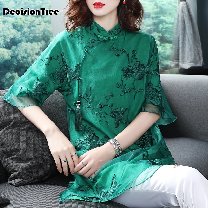 Цветочная вышивка cheongsam рубашка qipao Топ Половина рукава Китайский традиционный Топ Блузка для женщин кружевной Шелковый китайский топ
