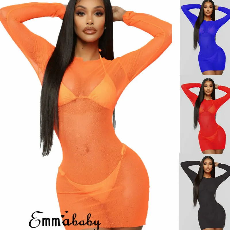 Женское прозрачное Сетчатое платье облегающее вечернее мини с длинным рукавом